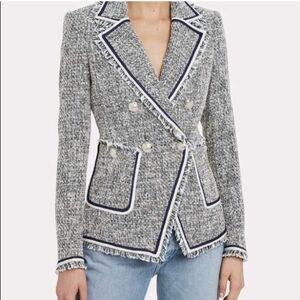 Veronica Beard Theron Tweed Fringe Navy White Frayed Trim Career Blazer Size 12